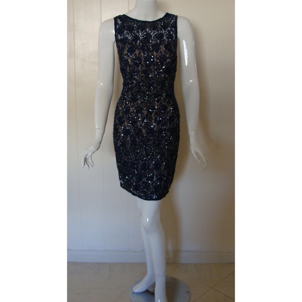 Aidan mattox lace beaded sequin sheath short dress